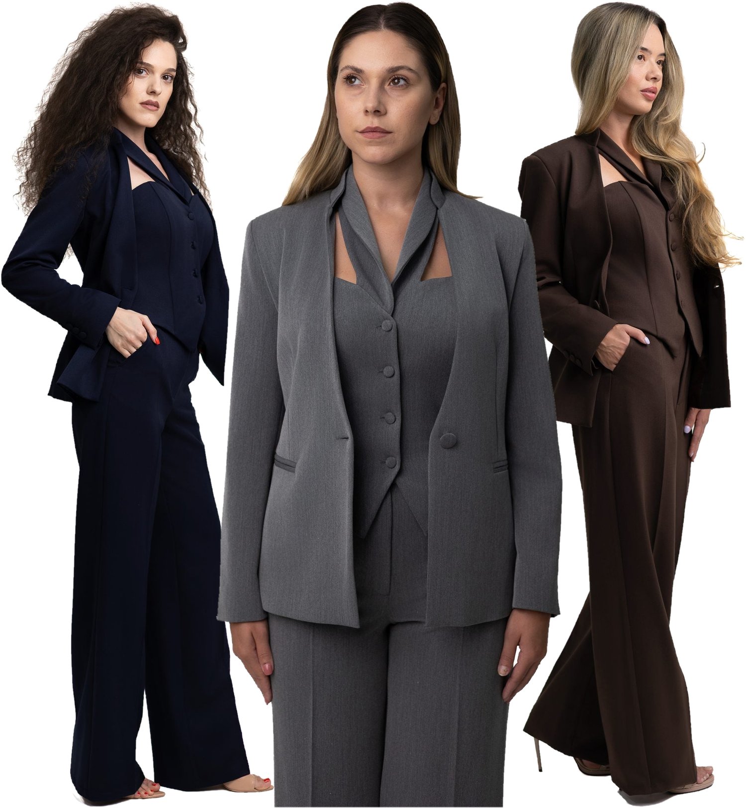 Three women wearing the EMETTE collection in navy, grey and chocolate.
